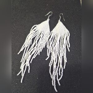 Native American Navajo Handmade White Beaded Earrings 5 3/4" Long